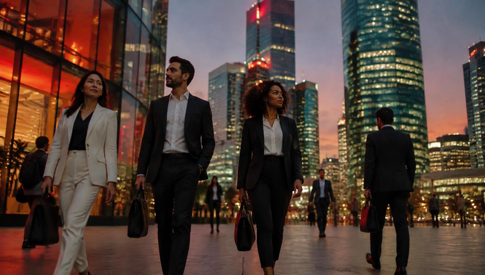 Business professionals walking through a city plaza at dusk